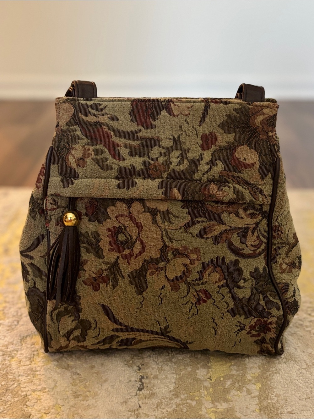 Vintage Toni Tapestry Shoulder Bag Floral Woven Purse Brown Leather Trim Boho